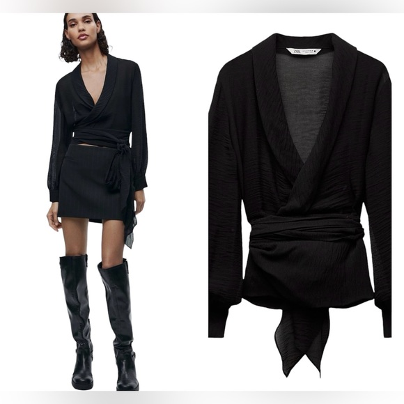 Zara NWT Small Structured Blouse Lantern Cuffed Sleeves Black Waist Tie - Picture 1 of 13